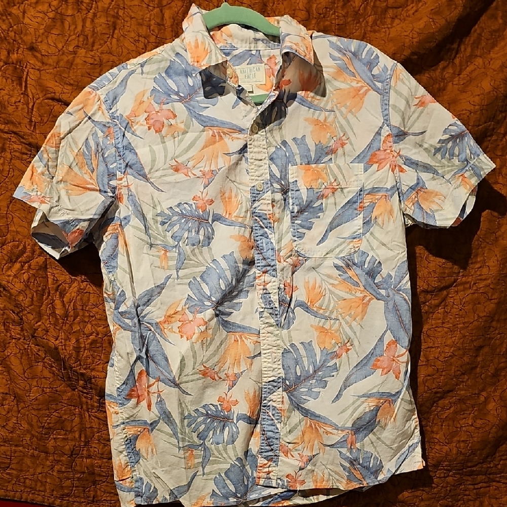 Y2k American Eagle Outfitters Blue Orange Floral Men's Shirt  Medium